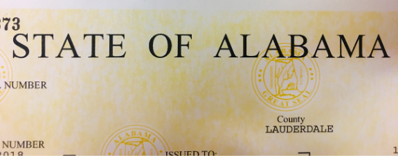 The top of a business license that says State of Alabama.